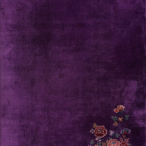 Saturated purple high-sheen rug featuring a cluster of multicolored coral and gold flowers near the base.