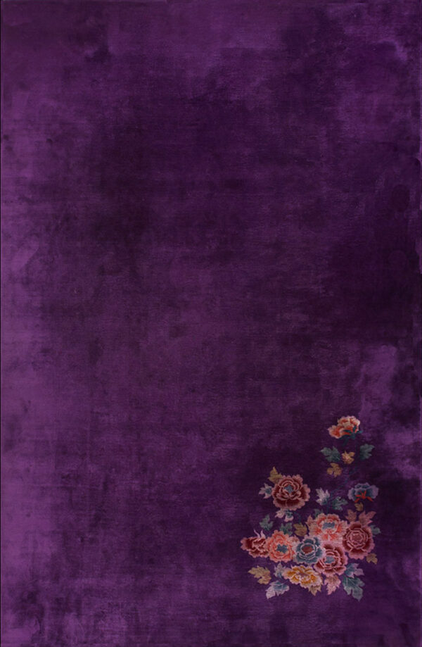 Saturated purple high-sheen rug featuring a cluster of multicolored coral and gold flowers near the base.