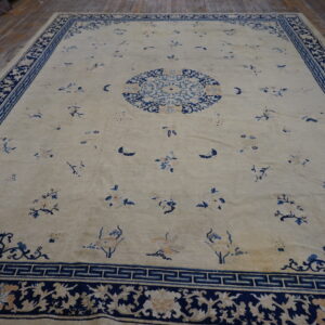 Cream and blue rug with a dense border, central medallion, and scattered floral motifs on wood flooring.
