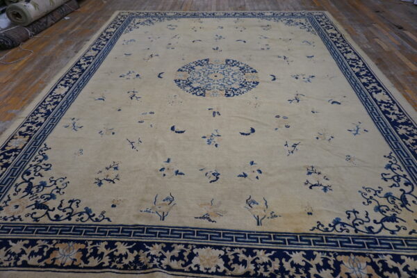 Cream and blue rug with a dense border, central medallion, and scattered floral motifs on wood flooring.