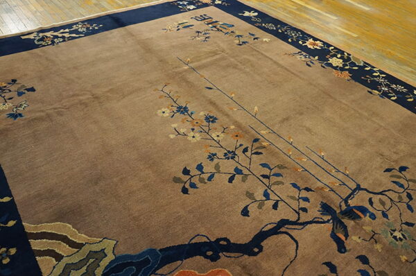 Tan rug with a high-contrast navy blue border and oriental design of branches and colorful birds on wood flooring.