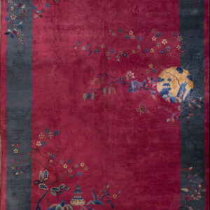 Deep magenta rug featuring a dark gray border and scattered floral, pagoda, and landscape motifs.