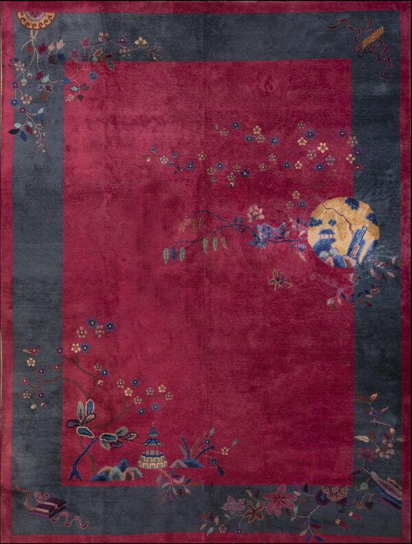 Deep magenta rug featuring a dark gray border and scattered floral, pagoda, and landscape motifs.