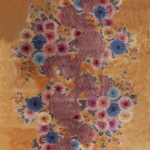 Plush gold rug featuring sculpted pink, blue, and yellow flowers around a large vertical maroon abstract pattern.