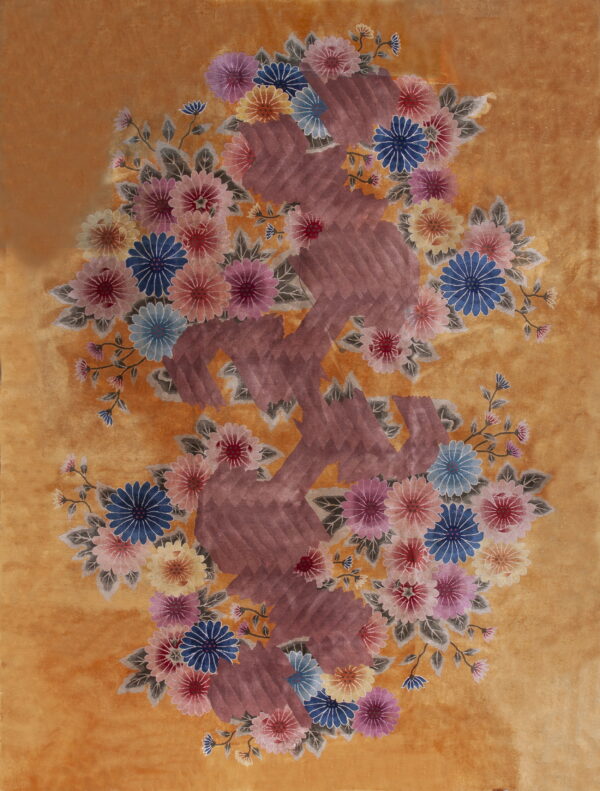 Plush gold rug featuring sculpted pink, blue, and yellow flowers around a large vertical maroon abstract pattern.