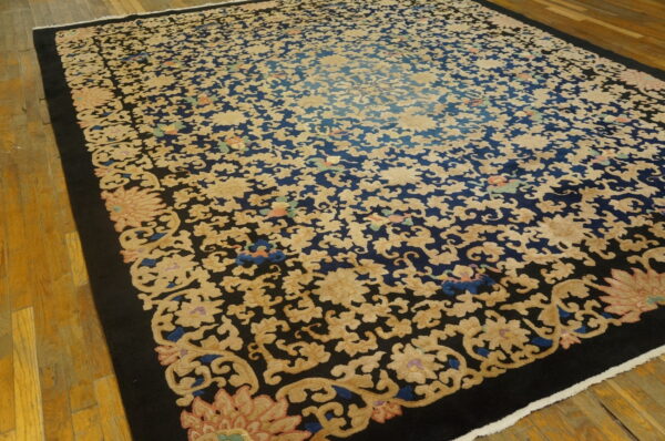 Intricate beige floral and scroll pattern rug with a navy blue center and solid black border on hardwood floors.