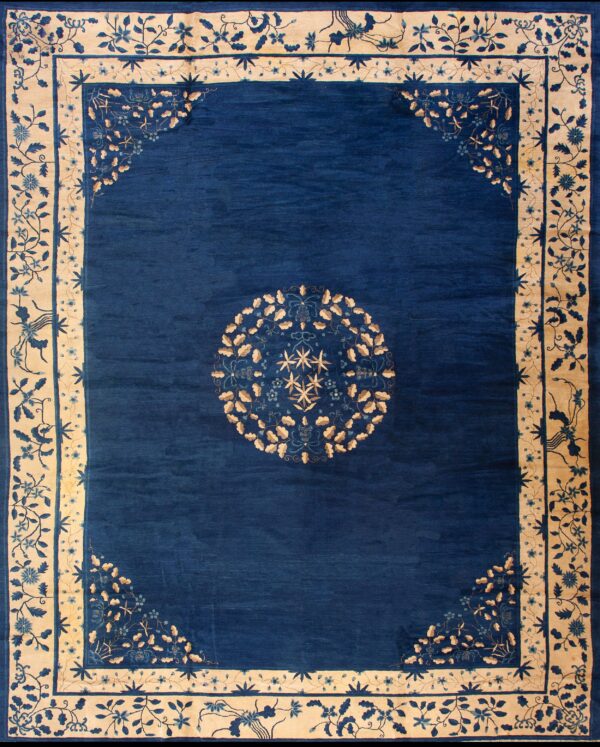 Chinese - peking rectangle knotted room size antique wool 1890s blue rug