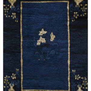 Plush dark navy rug with a framed central field and detailed gold and dark blue ornate border patterns.