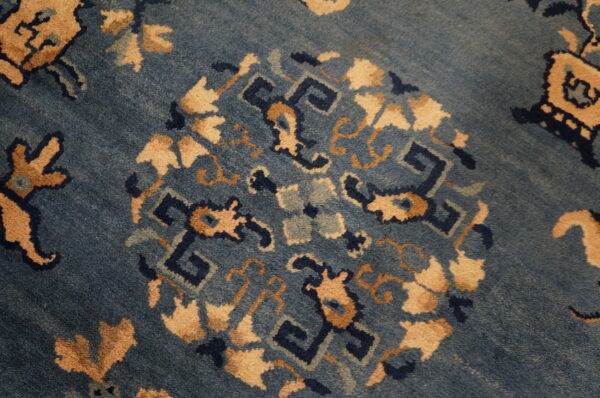 Blue pile rug detail with a central medallion pattern featuring navy and light tan motifs.