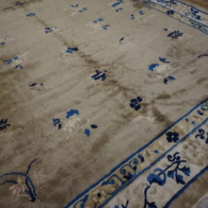 Taupe area rug with scattered blue and cream floral motifs and a detailed blue border on wood floor.