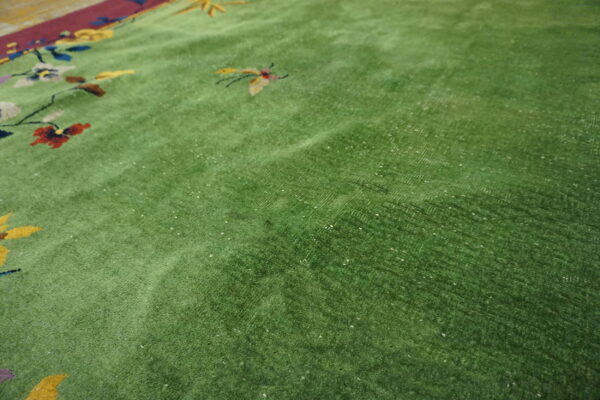 A velvety green rug field features colorful floral patterns and scattered white specks near a visible burgundy border stripe.