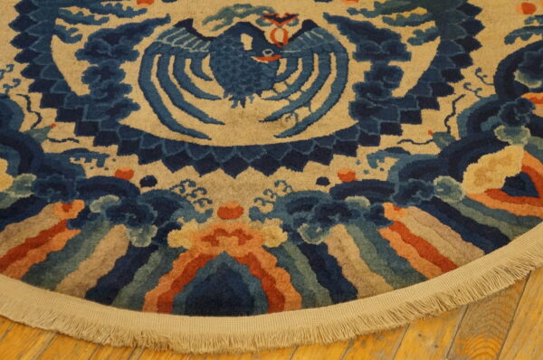 Blue bird motif on a high-pile tan rug, featuring orange borders and long beige fringe on wood.