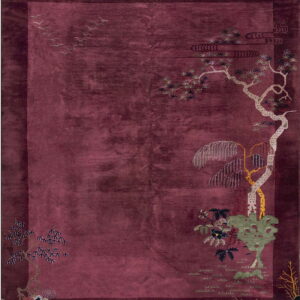 Deep-pile maroon rug featuring stylized corner motifs of light trees, foliage, clouds, and flying birds.