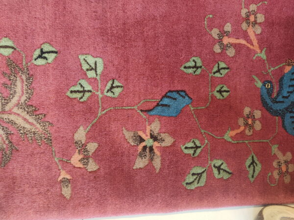 Plush magenta rug displays a border of green vines, tan flowers, and a partial blue bird.