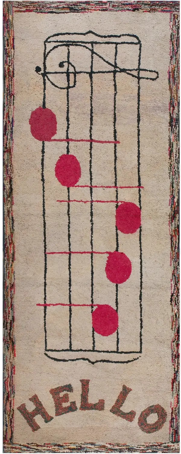 Cream color antique american folk art musical notes design hooked rug by rugs on net