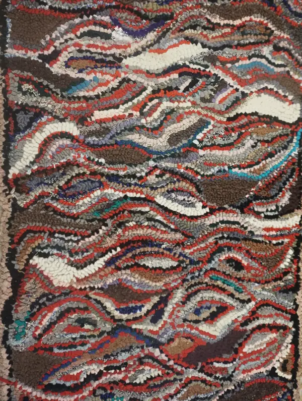 Detailed image of colorful antique american folk art crazy quit pattern long hallway runner rug by rugs on net