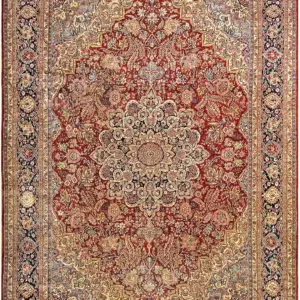 Fine Floral Medallion Design Antique Red Persian Room Size Qazvin Rug by Rugs On Net