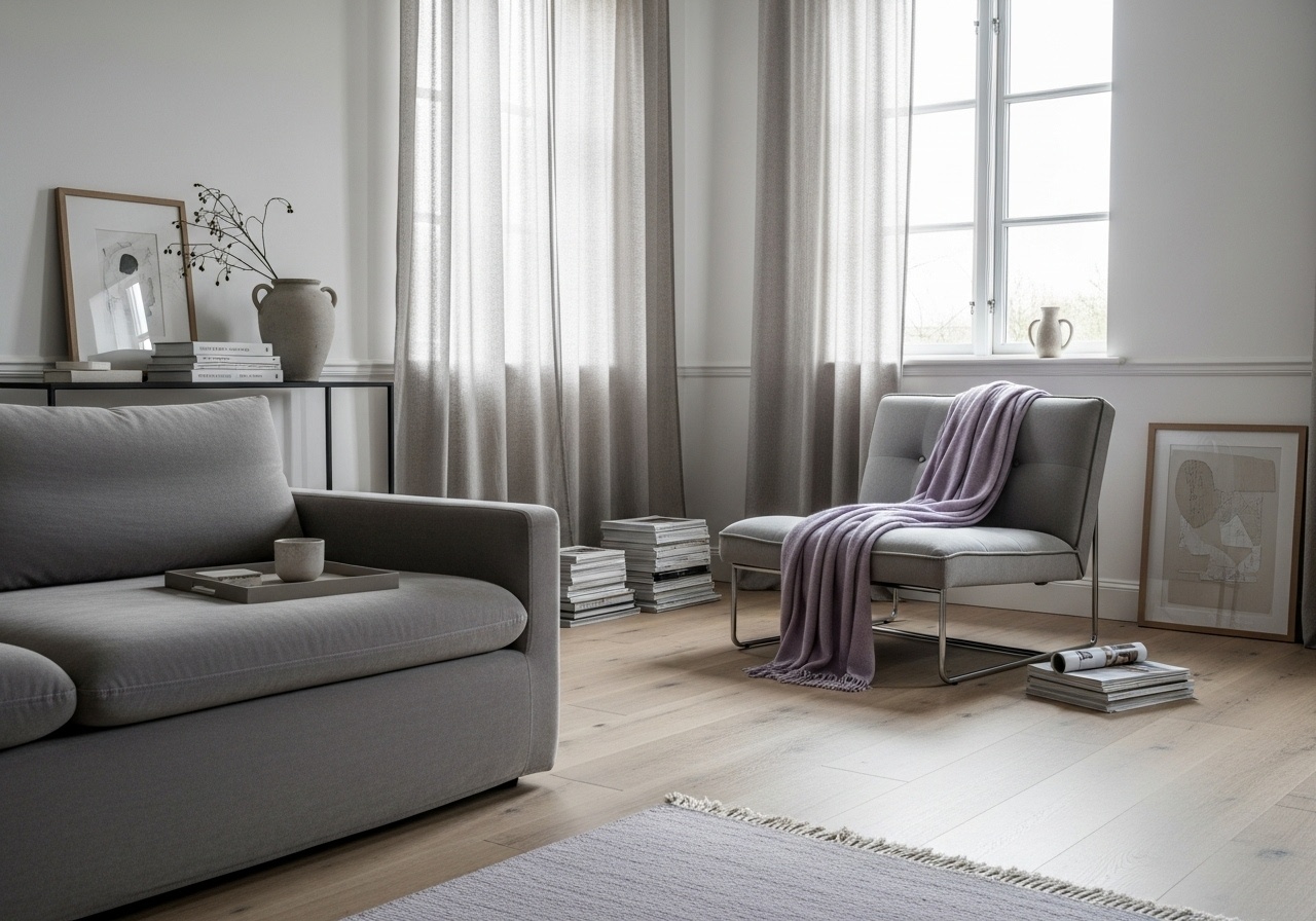 A modern living room featuring a gray sofa, a gray lounge chair, and a lavender purple throw blanket and area rug. Neutral decor.