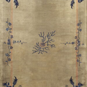 A low-pile taupe rug features stylized blue dragons and peach botanical borders.