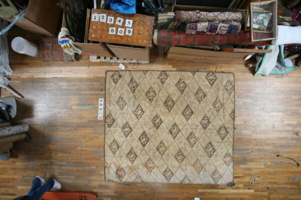 Muted beige rug with a diamond pattern and pink and brown floral designs on hardwood flooring.