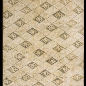 Muted beige textured rug featuring a floral diamond lattice pattern in cream, light pink, and sage green.