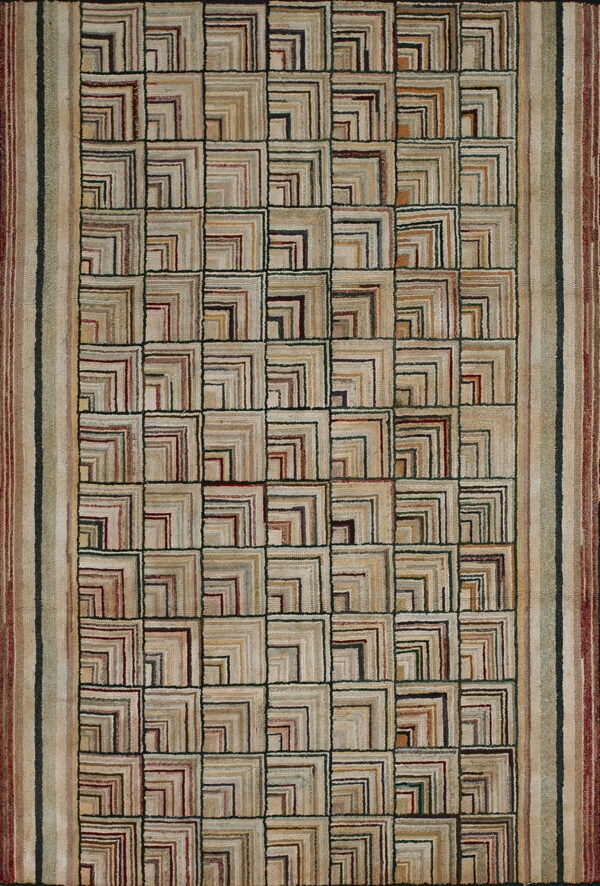 Earthy rug featuring a geometric patchwork grid of concentric l-shapes bordered by vertical stripes.