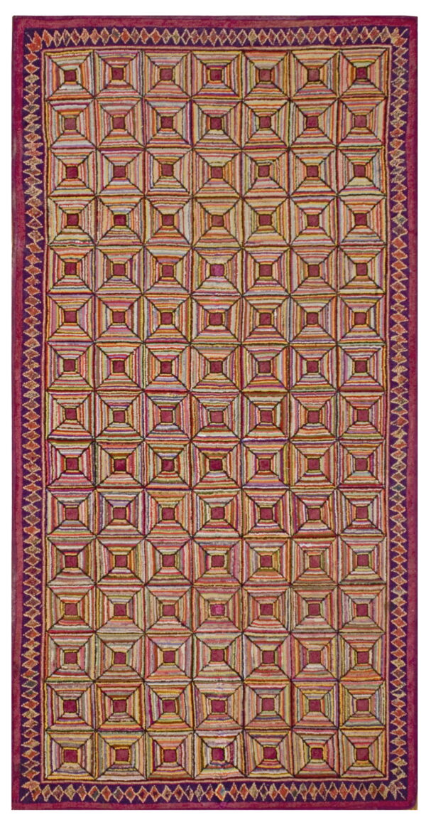 Textured rug with a colorful grid pattern of multi-striped concentric squares framed by a deep purple border.