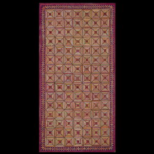 Textured runner rug featuring concentric striped squares in warm colors, framed by a wide magenta geometric border.