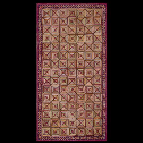 Textured runner rug featuring concentric striped squares in warm colors, framed by a wide magenta geometric border.