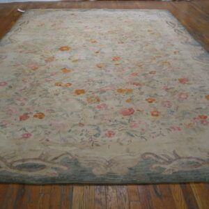 Pale floral rug with ornate scrolling border on brown hardwood planks.