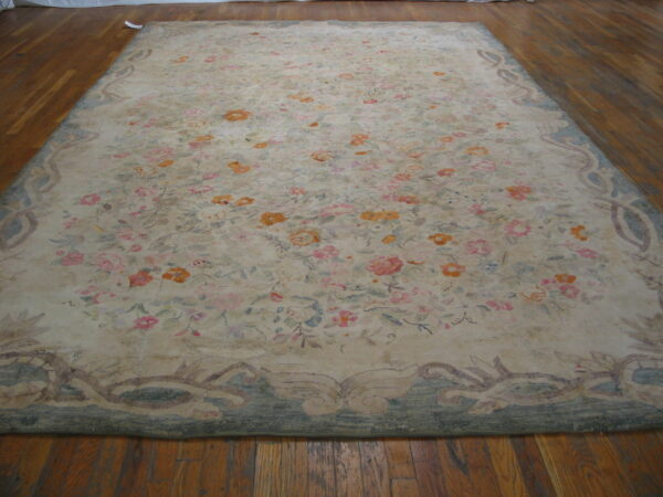 Pale floral rug with ornate scrolling border on brown hardwood planks.