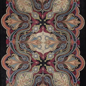 Symmetrical rug featuring an intricate paisley and floral design in blue, red, tan, and orange on black.