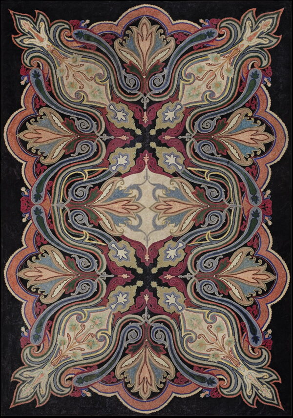 Symmetrical rug featuring an intricate paisley and floral design in blue, red, tan, and orange on black.