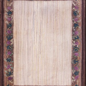 Rectangular rug with a striped neutral field and a wide border of purple berries and dark green leaves.