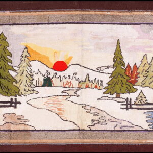 Hooked rug with a scenic pattern of green trees, snow, a red sun, and a wide multicolored border.