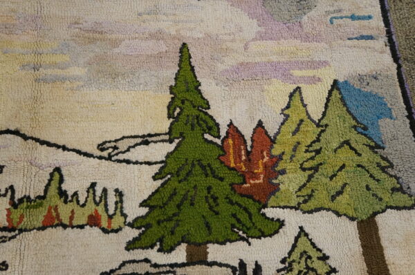 Loop pile rug with a scenic pattern featuring green evergreen trees against a white and pale purple sky.