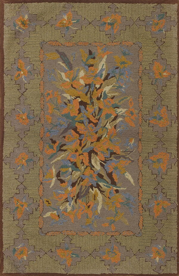 Taupe hooked rug with a central orange and blue floral spray framed by an olive geometric border.