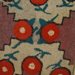 High-pile rug featuring red and cream flowers, teal shapes, and a speckled border resting on wood flooring.