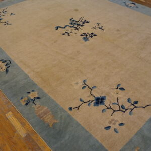 A large tan rug with blue floral branches and a teal border sits on wood flooring.