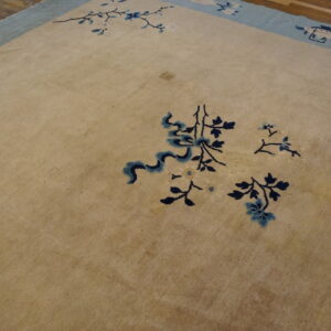 Beige rug featuring scattered blue floral motifs and a light blue border on wood flooring.