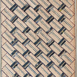 Textured runner rug featuring a beige and dark blue striped herringbone pattern.