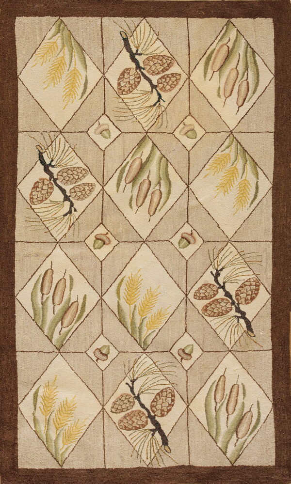 Beige and brown rug with a diamond lattice pattern featuring pine cones, cattails, and wheat motifs.