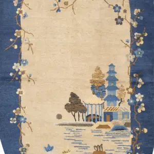 Open Ivory Field Antique Scenic Pictorial Chinese Art Deco Oval Carpet by Rugs on Net