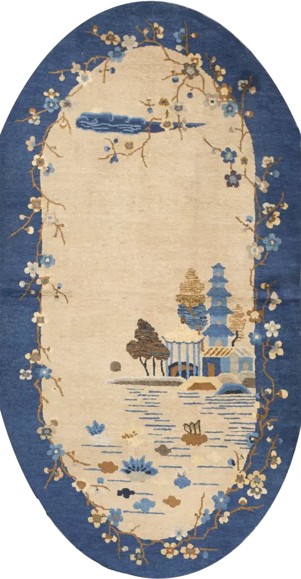 Open ivory field antique scenic pictorial chinese art deco oval carpet by rugs on net