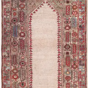 Ivory Antique Tribal Geometric Late 19th Century Turkish Ghiordes Turkish Muslim Prayer Rug by Rugs On Net