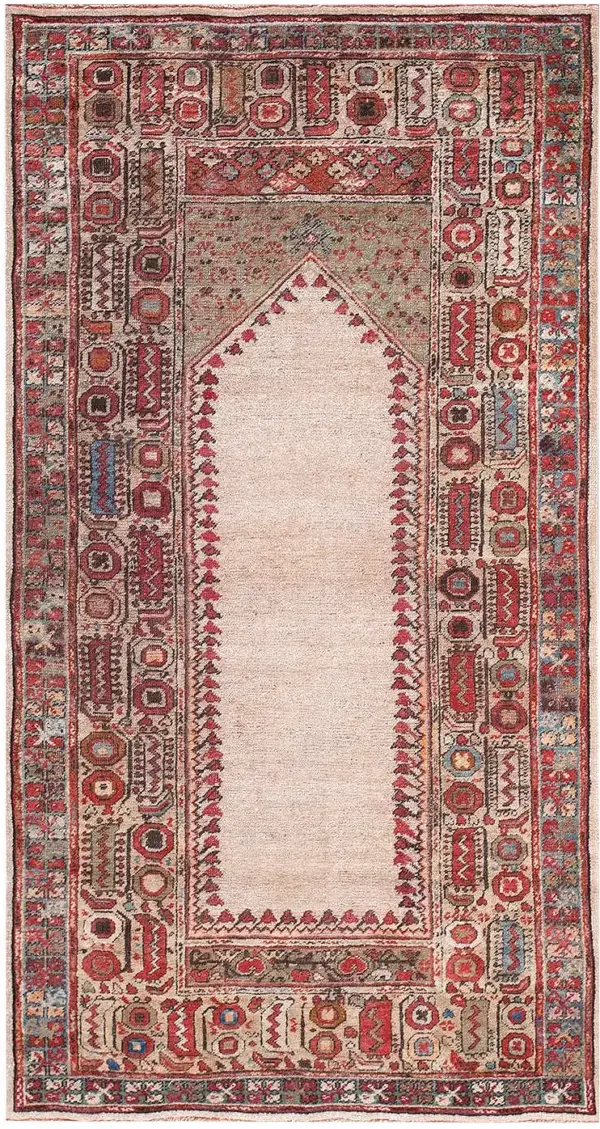 Ivory antique tribal geometric late 19th century turkish ghiordes turkish muslim prayer rug by rugs on net