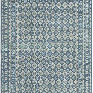 Ivory and Blue Antique Indian Allover Geometric Floral Grid Design Cotton Agra Rug by Rugs On Net