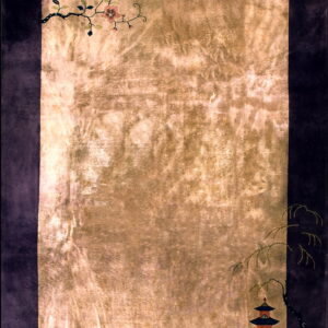 A rectangular rug with a tan field and dark purple border featuring corner floral and pagoda motifs.