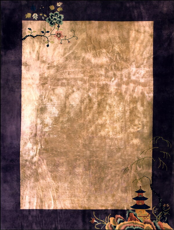 A rectangular rug with a tan field and dark purple border featuring corner floral and pagoda motifs.