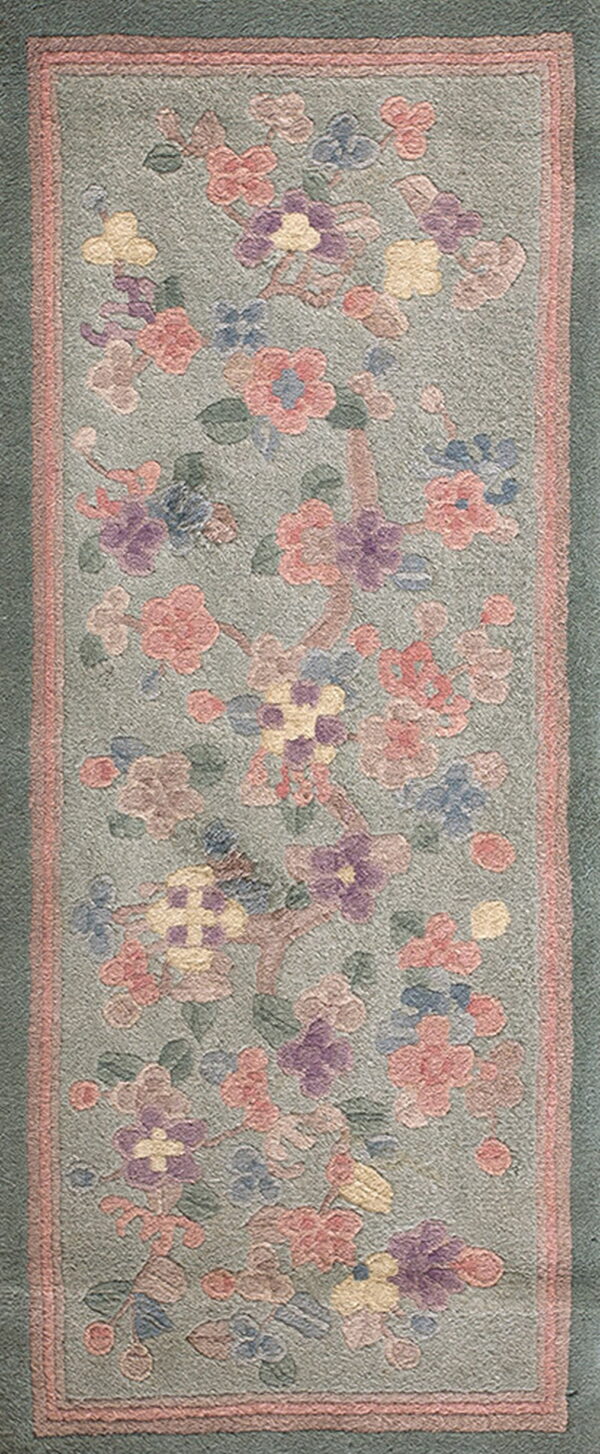 Muted green runner rug featuring an all-over pattern of pink, lavender, and yellow flowers.